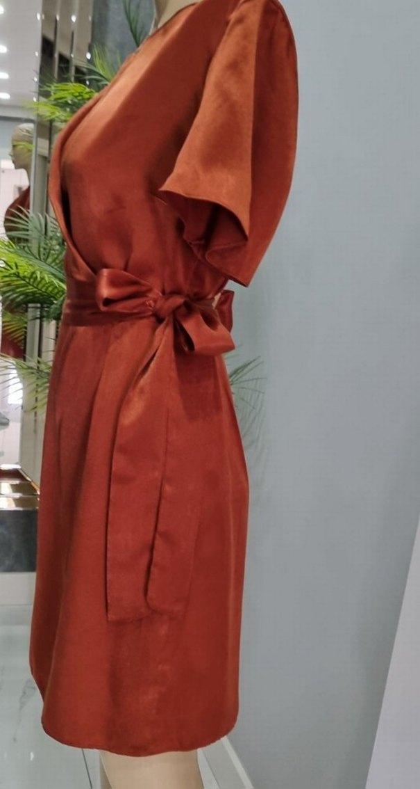 Kiremit rengi Saten Mini Kuşaklı Elbise - Görsel 3