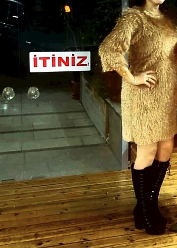 Bej Kadın Midi Yumuşak Peluş Elbise - Görsel 5