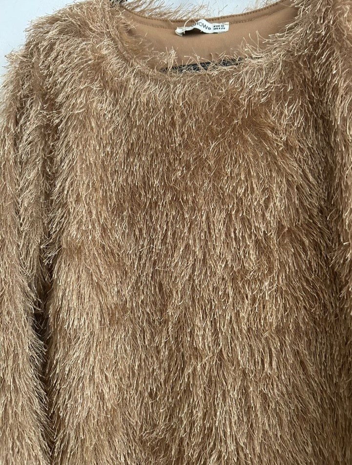 Bej Kadın Midi Yumuşak Peluş Elbise - Görsel 2