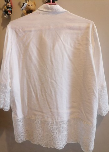 Düğmeli Beyaz Keten Kadın Gömlek - Görsel 5