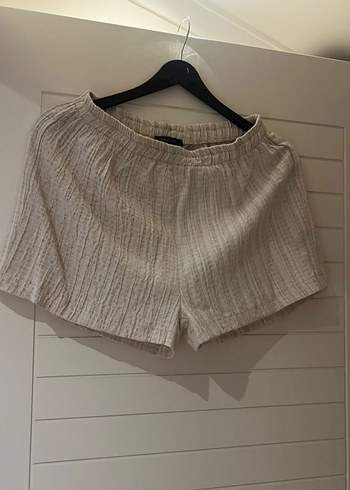 Bej Keten Düğmeli Kısa Kollu Gömlek şort takım - Görsel 2