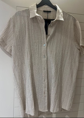 Bej Keten Düğmeli Kısa Kollu Gömlek şort takım - Görsel 3