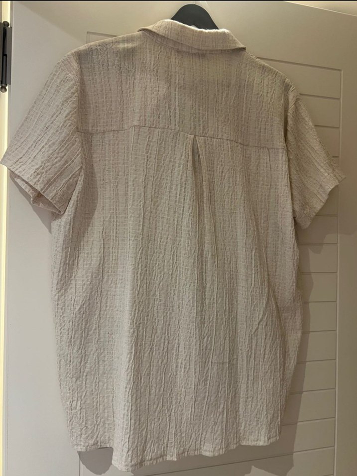 Bej Keten Düğmeli Kısa Kollu Gömlek şort takım - Görsel 4