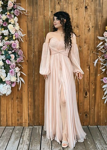 Bej Drapeli Uzun Straplez Kadın Abiye - Görsel 2