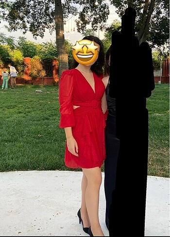 Diğer Kırmızı uzun kol v yaka simli kısa davet elbisesi ????