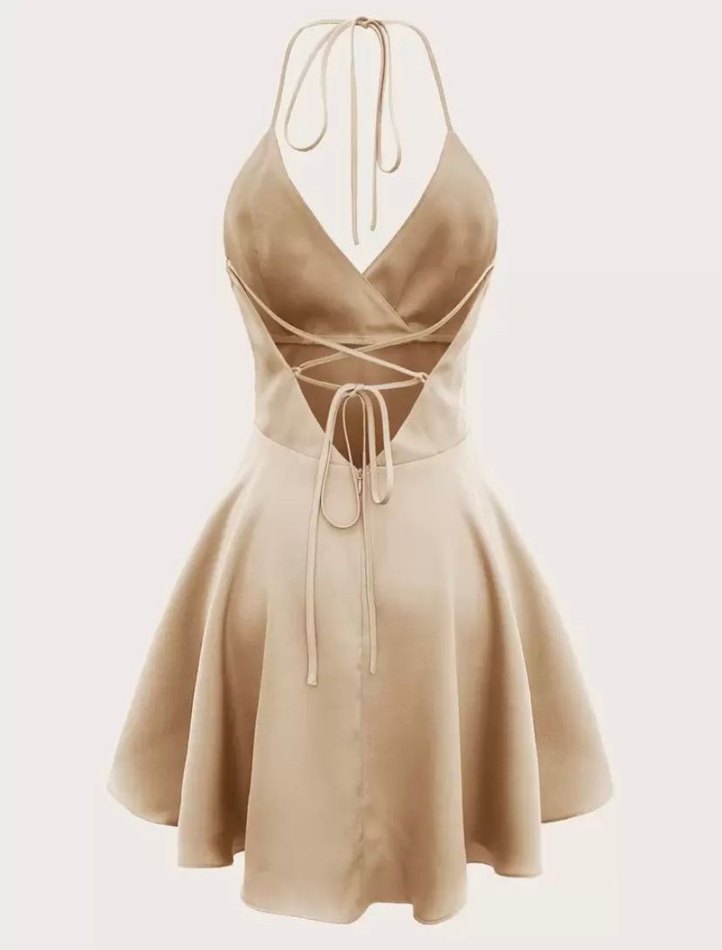 Bej Saten V Yakalı Shein Elbise - Görsel 2