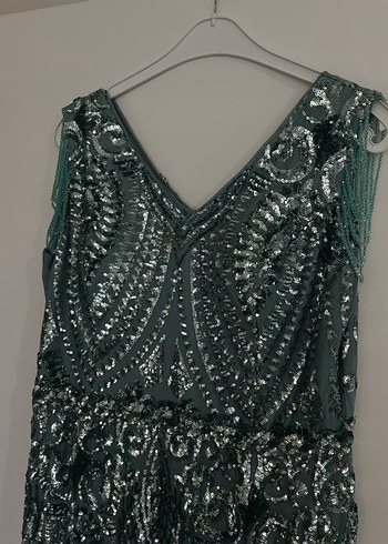 Taşlı Turkuaz V Yaka Uzun Kadın Abiye Elbise - Görsel 3