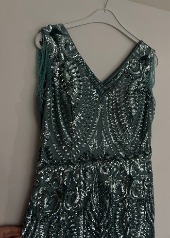 Taşlı Turkuaz V Yaka Uzun Kadın Abiye Elbise - Görsel 4