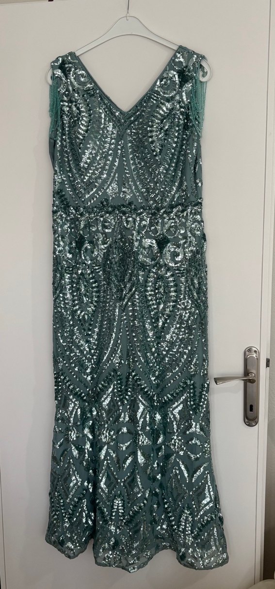 Taşlı Turkuaz V Yaka Uzun Kadın Abiye Elbise - Görsel 2