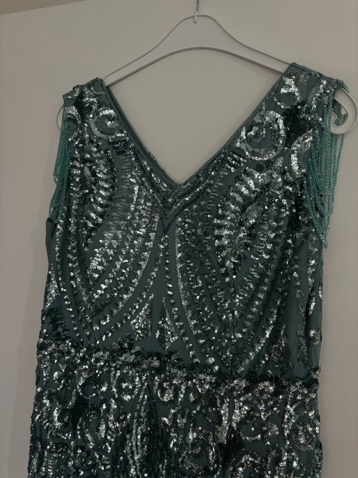 Taşlı Turkuaz V Yaka Uzun Kadın Abiye Elbise - Görsel 3