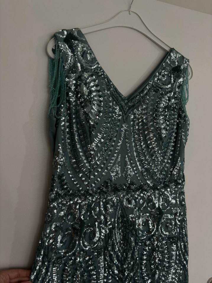 Taşlı Turkuaz V Yaka Uzun Kadın Abiye Elbise - Görsel 4