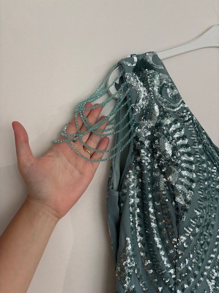 Taşlı Turkuaz V Yaka Uzun Kadın Abiye Elbise - Görsel 5