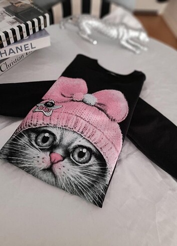 universal Beden Siyah pembe ???? kedi baskılı tunik/sweatshirt 