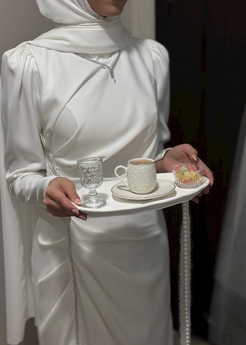 Drapeli Beyaz Uzun Kadın Elbise nikah elbisesi - Görsel 5