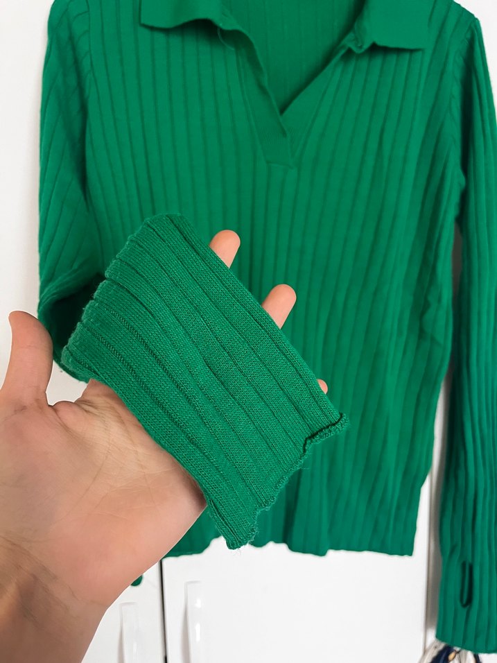 Yeşil Triko Polo Yaka Kadın Kazak - Görsel 3