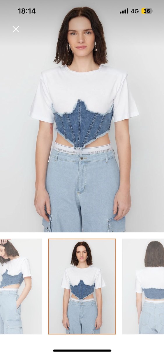 Denim Detaylı Beyaz Crop Top - Görsel 3