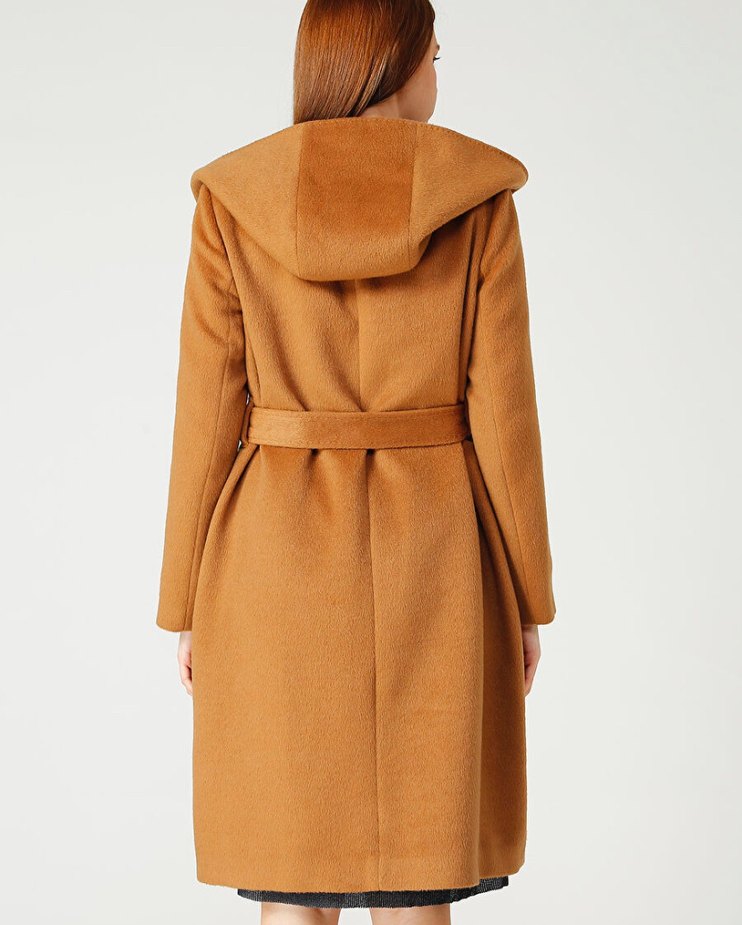 Selen yün Kuşaklı Camel Rengi Kaban - Görsel 3