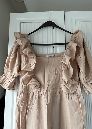 Bej Keten Midi Volanlı Elbise - Görsel 2