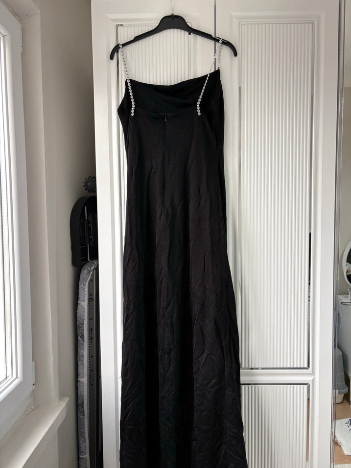 Siyah Drapeli Uzun Straplez Kadın Elbise - Görsel 5