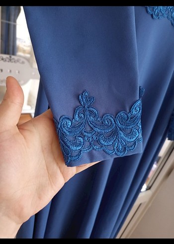 Mavi Nakışlı Uzun Kollu Uzun Elbise - Görsel 5