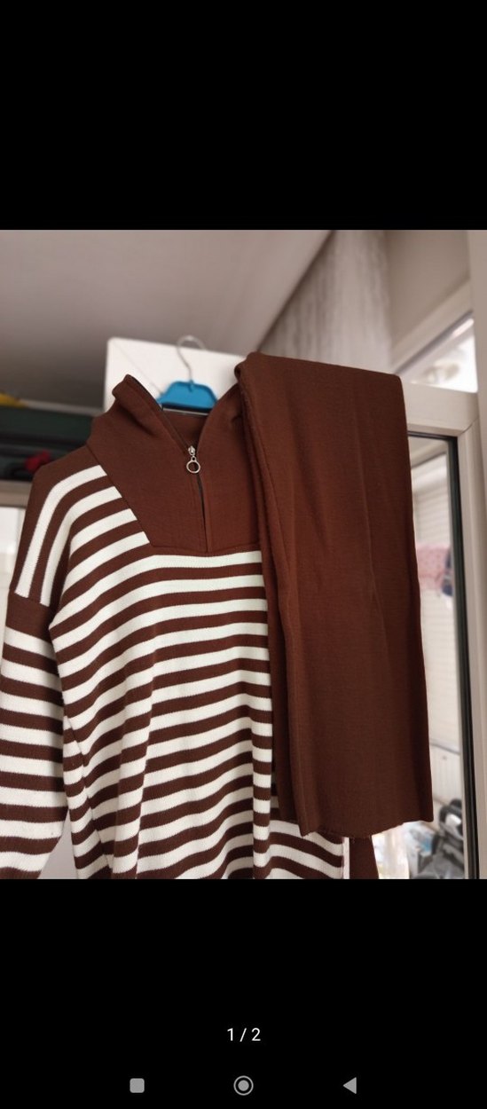 Kahverengi Çizgili Yarım Fermuarlı Örgü Kadın Kazak - Görsel 2