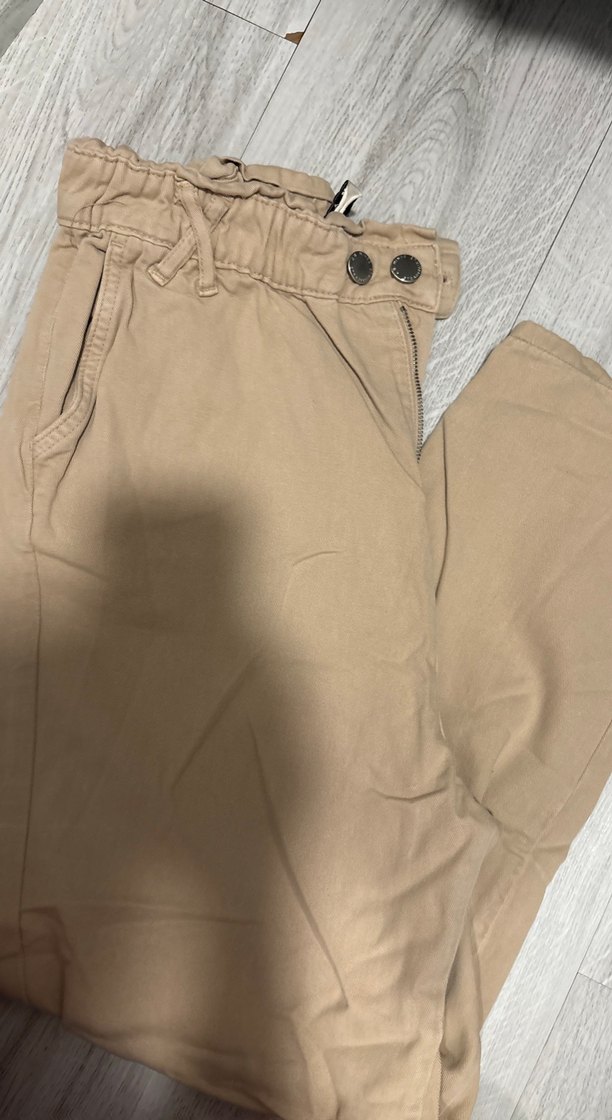 Bej Düğmeli Keten Rahat Kesim Kadın Pantolon - Görsel 2