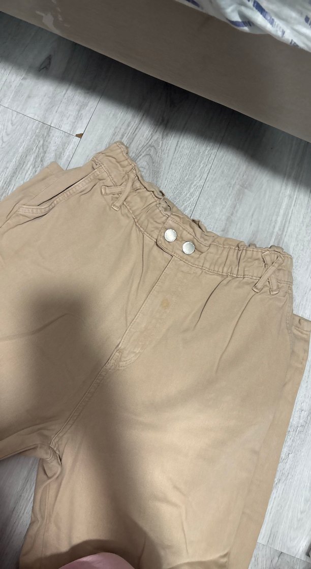 Bej Düğmeli Keten Rahat Kesim Kadın Pantolon - Görsel 3