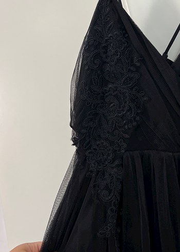 Siyah Dantel İşlemeli Uzun Askılı Abiye Elbise - Görsel 5