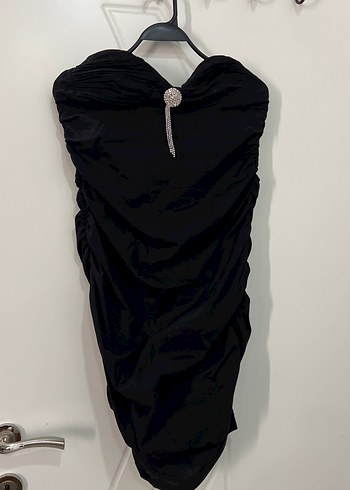 Drapeli Siyah Straplez Mini Elbise - Görsel 2