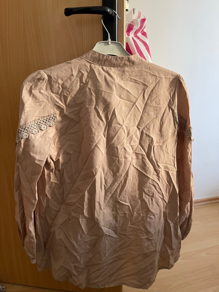 Bej Dantel Detaylı Uzun Kollu Keten Gömlek - Görsel 5