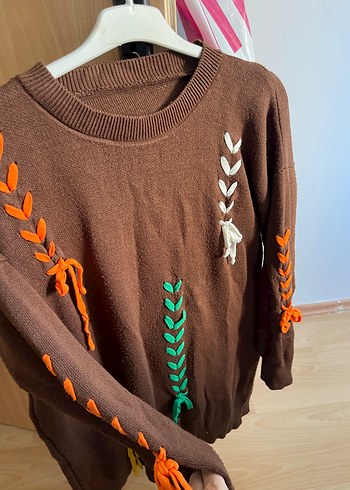 Nakışlı Kahverengi Kadın Triko Kazak - Görsel 4