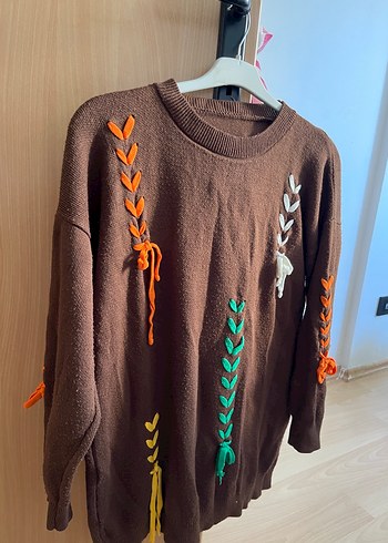 Nakışlı Kahverengi Kadın Triko Kazak - Görsel 3