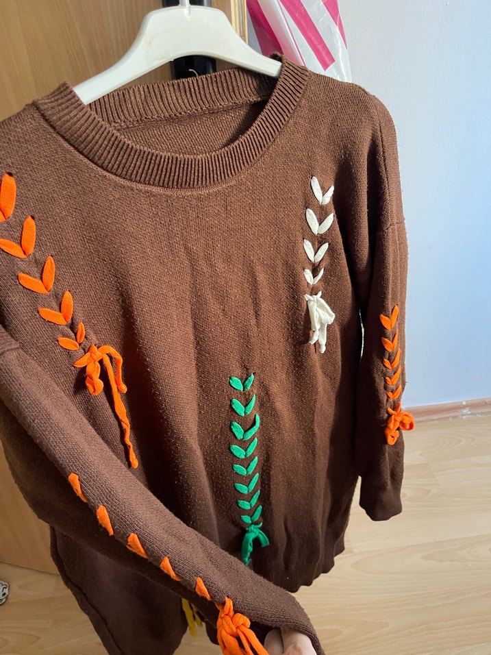 Nakışlı Kahverengi Kadın Triko Kazak - Görsel 4