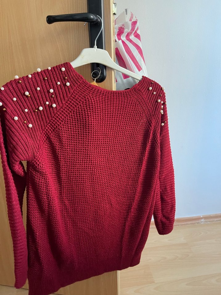 İnci Detaylı Bordo Örgü Kadın Kazak - Görsel 3