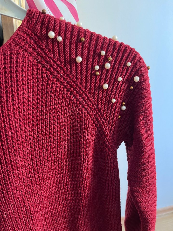 İnci Detaylı Bordo Örgü Kadın Kazak - Görsel 2
