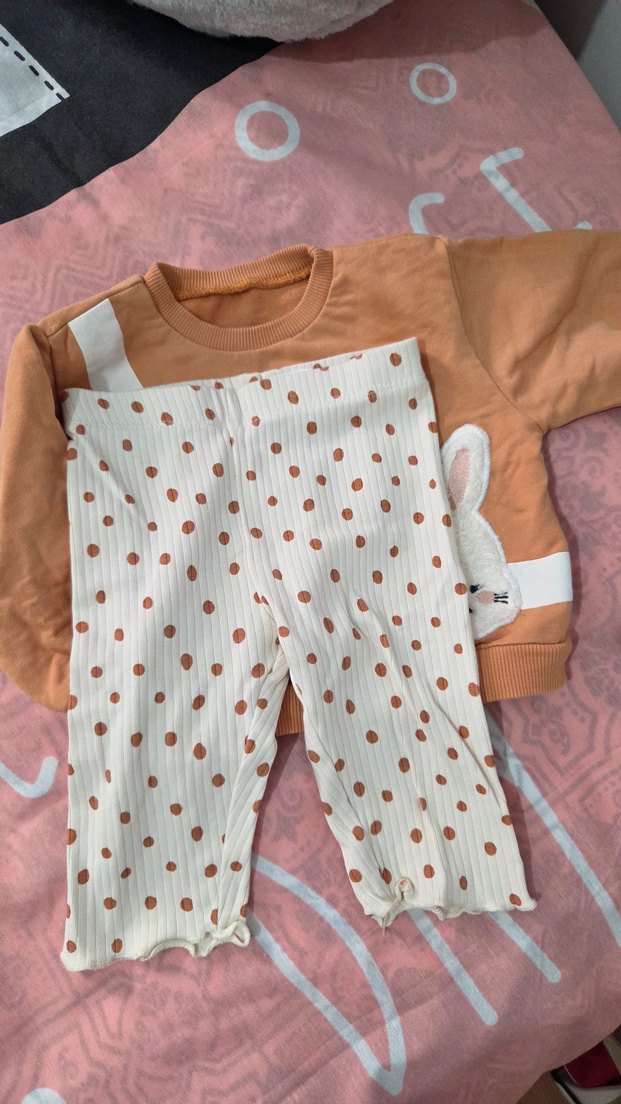 Uzun Kollu Örgü Tavşan Baskılı Bebek Kız Takımı - Görsel 3