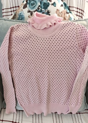 Puantiyeli Fırfırlı Boğazlı Pembe Triko Kazak