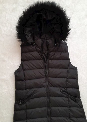 Siyah kürk Şapkalı Uzun Kadın Şişme Yelek - Görsel 5