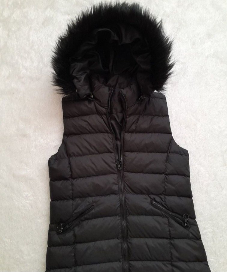 Siyah kürk Şapkalı Uzun Kadın Şişme Yelek - Görsel 5