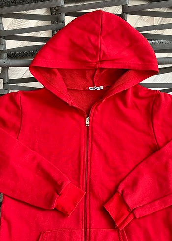 s Beden Kırmızı Kapüşonlu Fermuarlı Sweatshirt