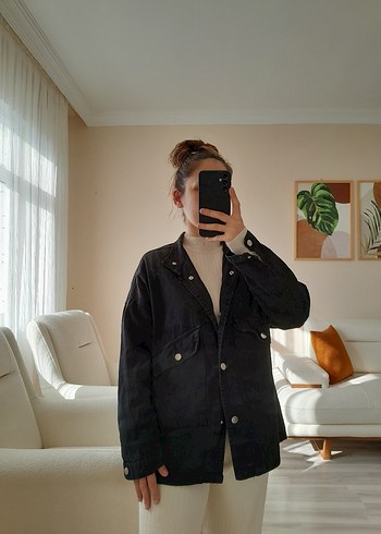 m Beden Siyah Kadın Denim Ceket, Rahat Kesim