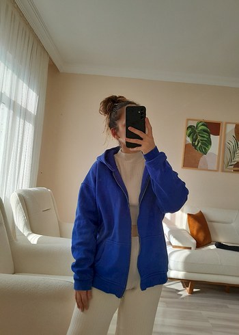 Mavi Kapüşonlu Kadın Sweatshirt