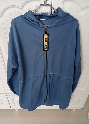 Mavi Kapüşonlu Fermuarlı Kadın Sweatshirt