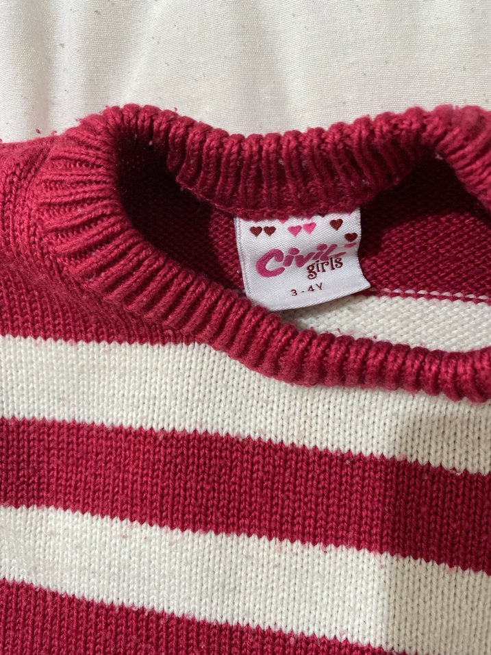 Bordo Beyaz Çizgili Kız Kazak - Görsel 3