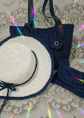 Beden mavi Renk Mavi Örgü Bohem Kol Çantası