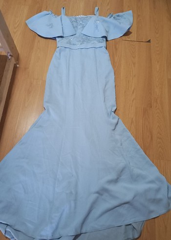 Mavi Uzun İşlemeli Straplez Kadın Abiye 36/34 - Görsel 5