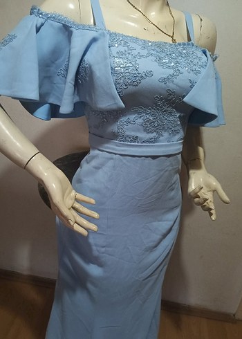 Mavi Uzun İşlemeli Straplez Kadın Abiye 36/34 - Görsel 6