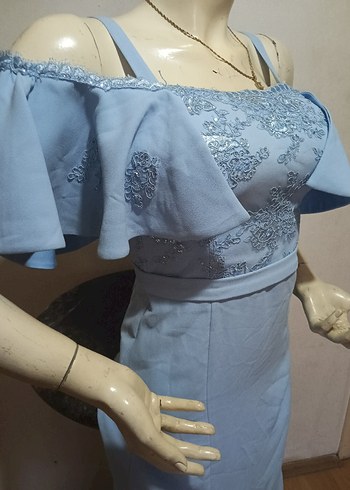 Mavi Uzun İşlemeli Straplez Kadın Abiye 36/34 - Görsel 2