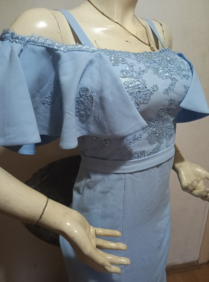 Mavi Uzun İşlemeli Straplez Kadın Abiye 36/34 - Görsel 2