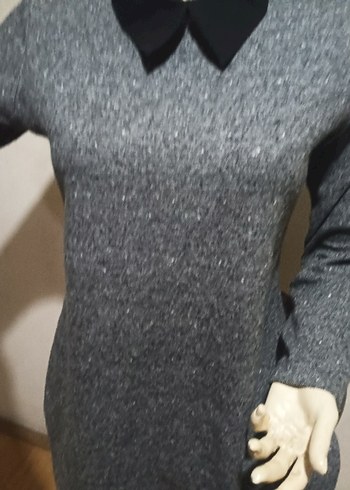 NESSİA XL Gri Midi Triko Elbise Siyah Yaka - Görsel 3